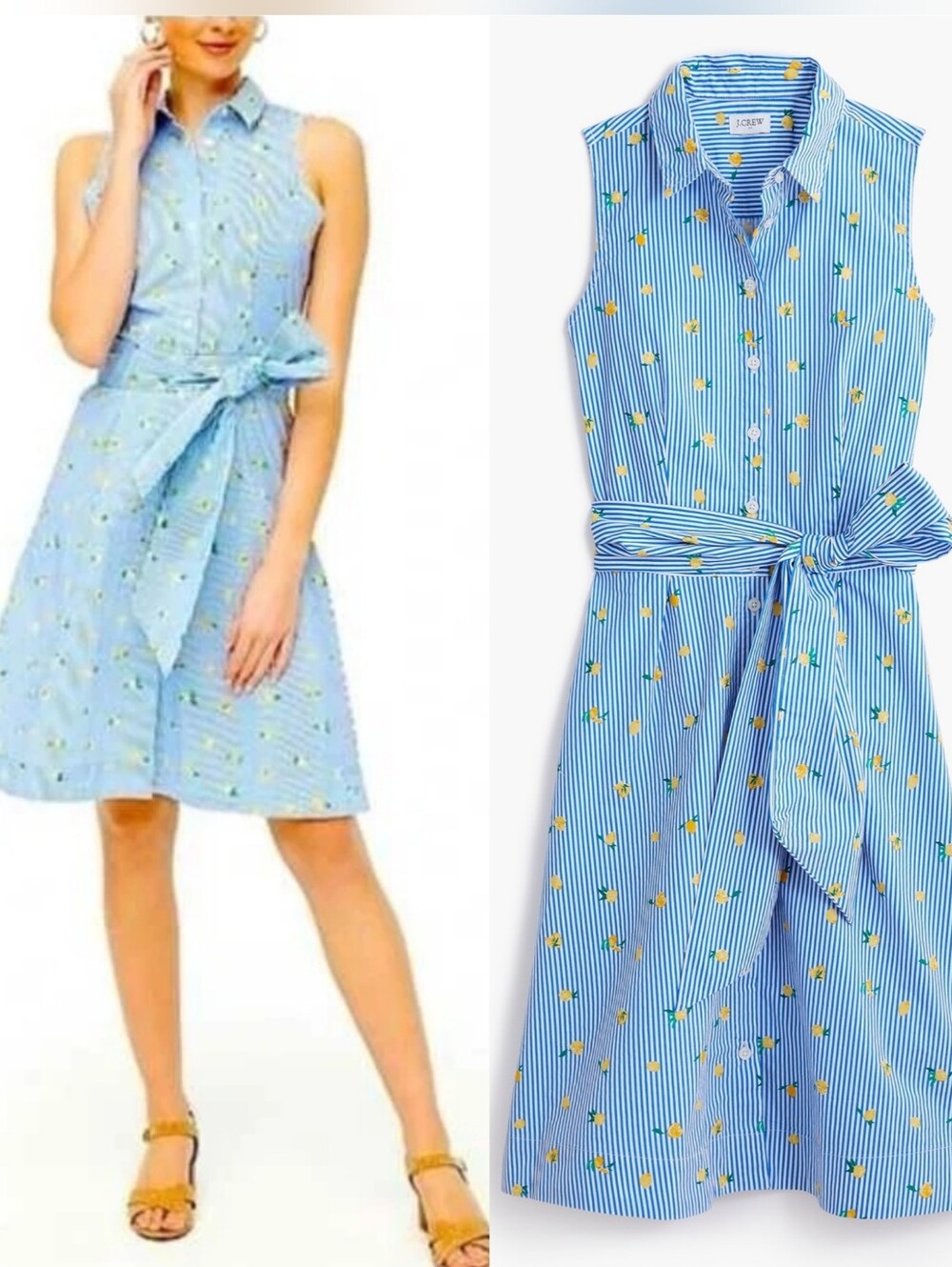 J. Crew Factory Lemon-print Sleeveless Tie-waist Shirt-dress Size 20
